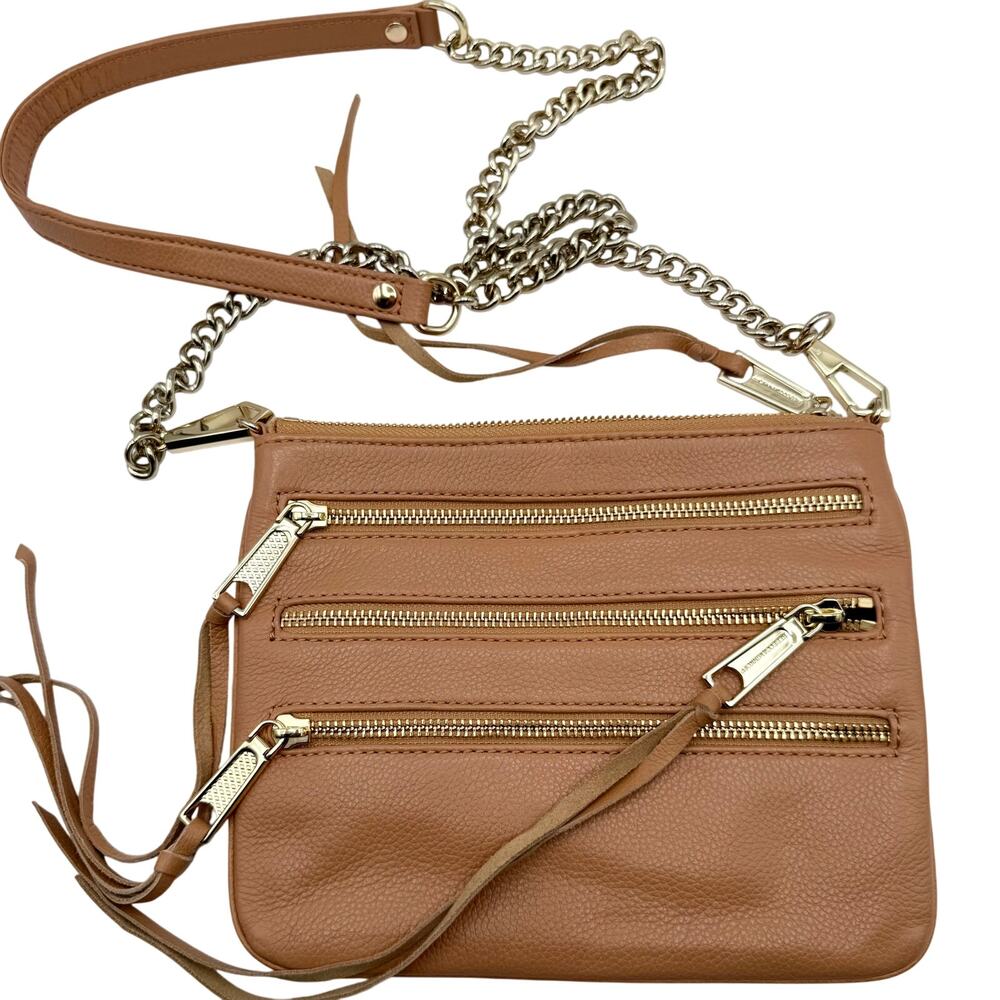 Rebecca Minkoff Mini 5 Zip Crossbody Bag Tan Leather Gold Hardware 9" x 7"โ